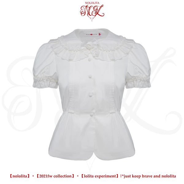 Nololita Nightingale white vintage doll collar Lolita blouse with puffed sleeves and neck bow