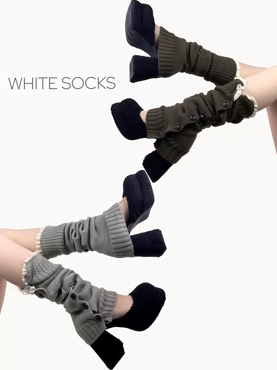 White Socks - Maillard Button Scrunch - Knit Leg Warmers with Side Buttons