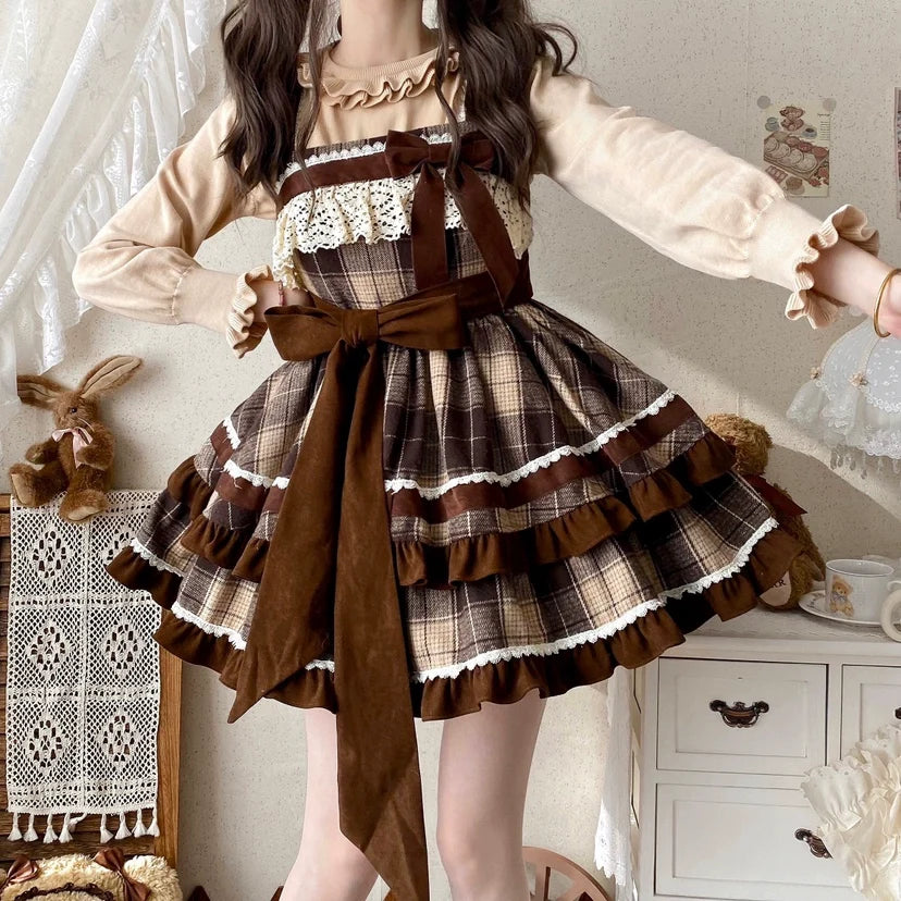 Qianmu - Caramel Cocoa - Sweet Lolita JSK Plaid Design Autumn and Winter Dress