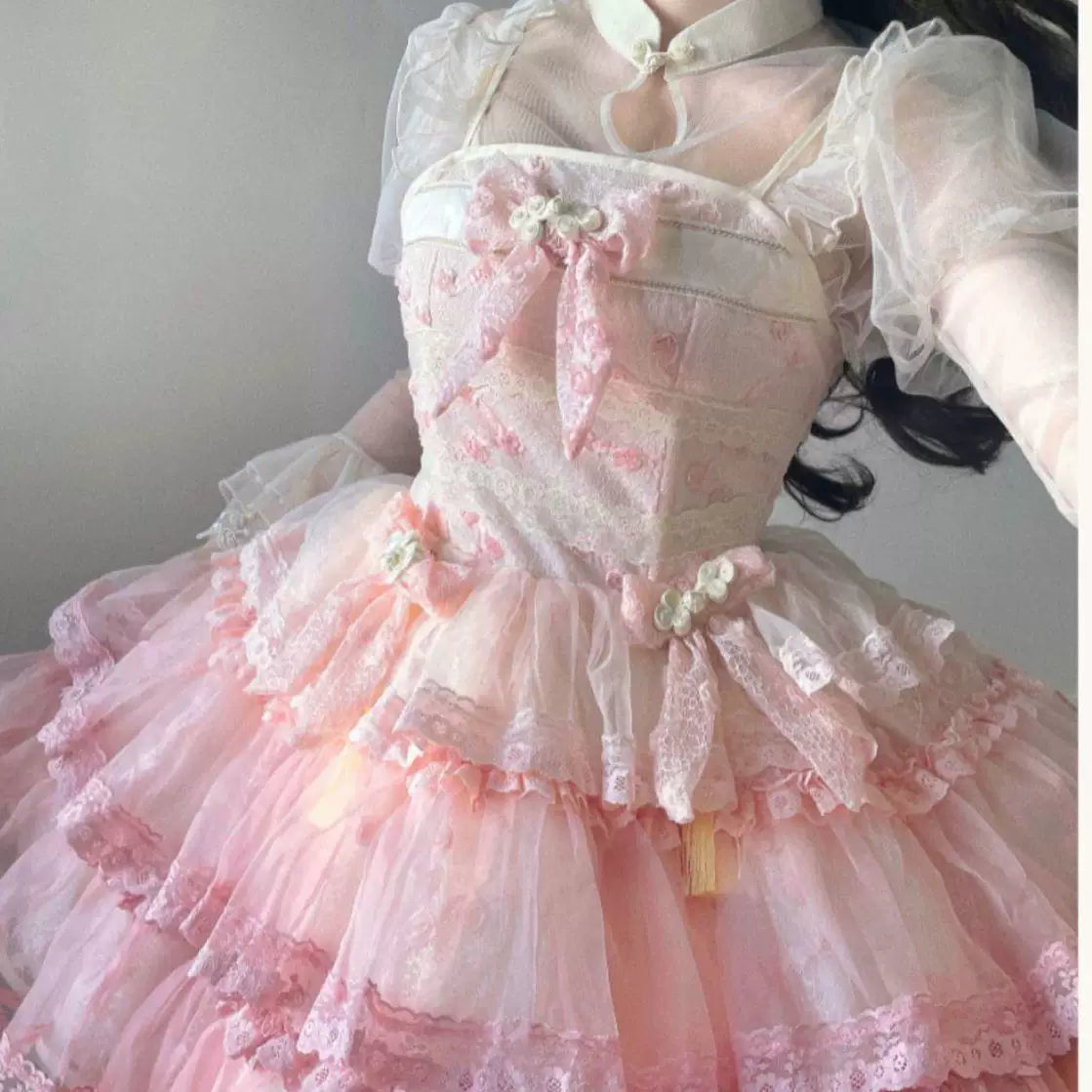 Sweetheart Dream Machine - Frog-Button Mesh - Long-Sleeve Blouse with Ruffled Front