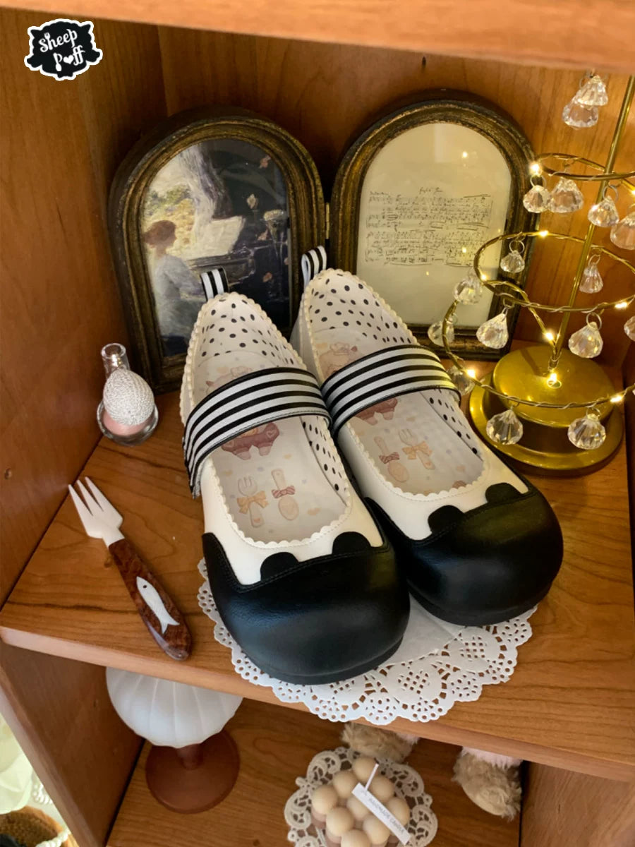 Sheep Puff brand low heel Lolita shoes with sheep puff bear milk candy design, featuring cute and stylish footwear details.