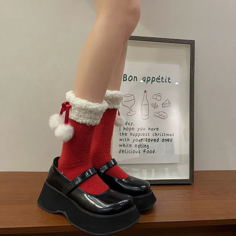 Sock Noble - Christmas Ribbon Slouch - Long Mid-Calf Socks with Fuzzy Cuffs