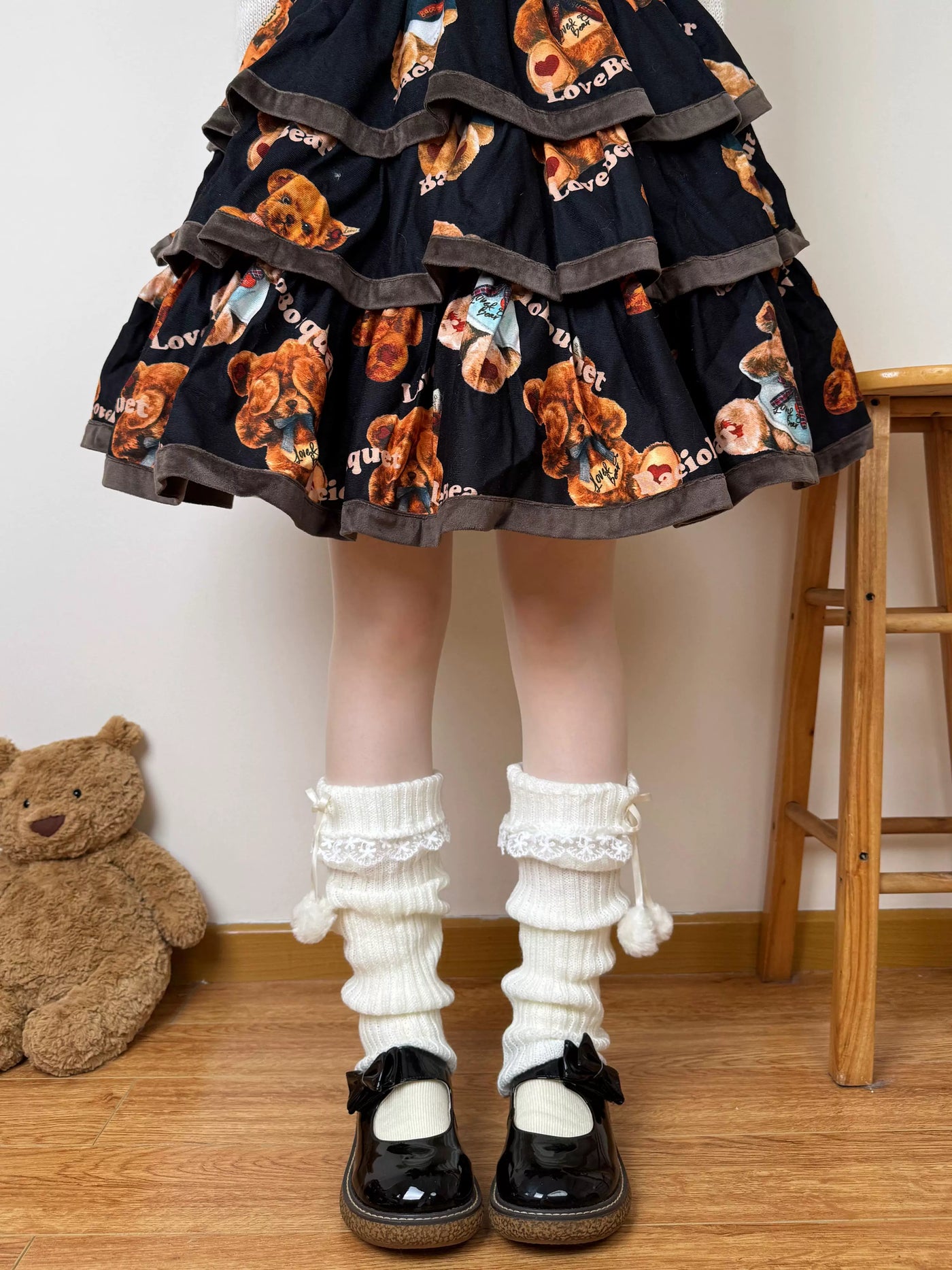 Chubby Bear Tales - Ribbon Knit - Scrunched Knit Leg-Warmer Socks with Ribbon Ties