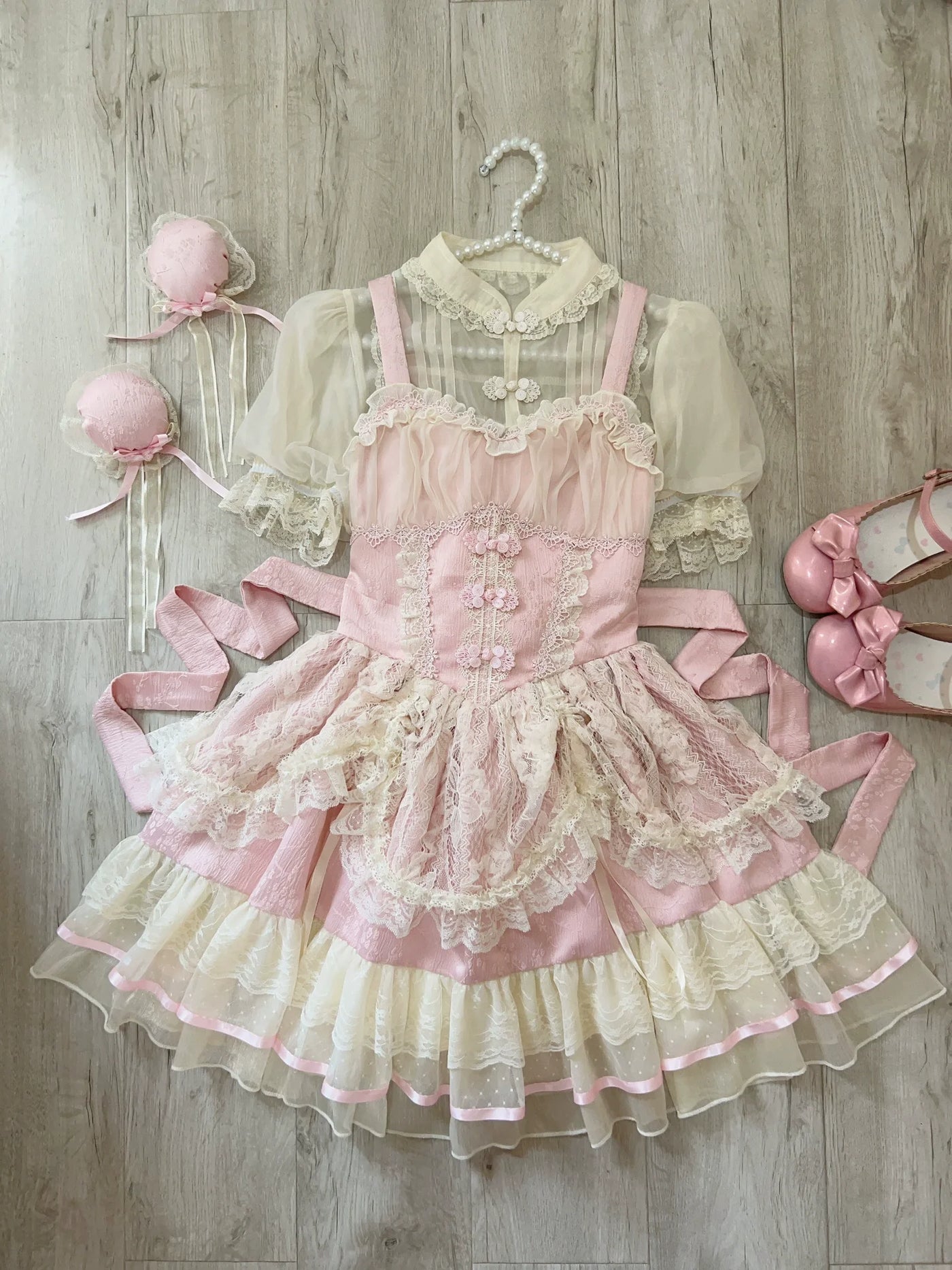 Hua Ji Fu Lei - Chinese Style Lolita JSK Dress Ballet Style Innerwear Set S a pair of pink hair accessories