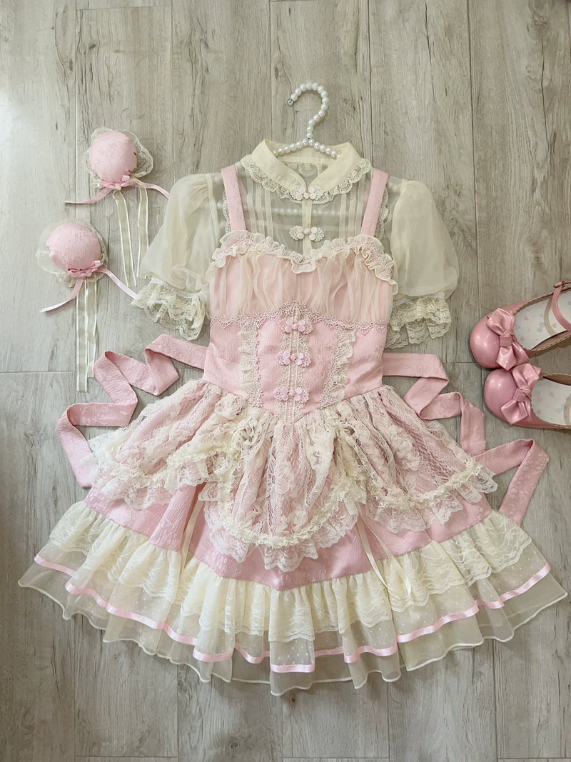 Hua Ji Fu Lei - Chinese Style Lolita JSK Dress Ballet Style Innerwear Set S a pair of pink hair accessories