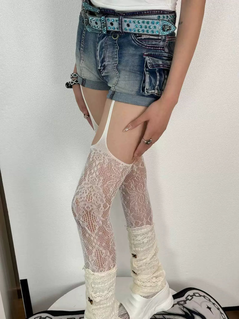 Fantasy Doll - Floral Openwork - Suspender-Style Lace Tights with Thigh Straps