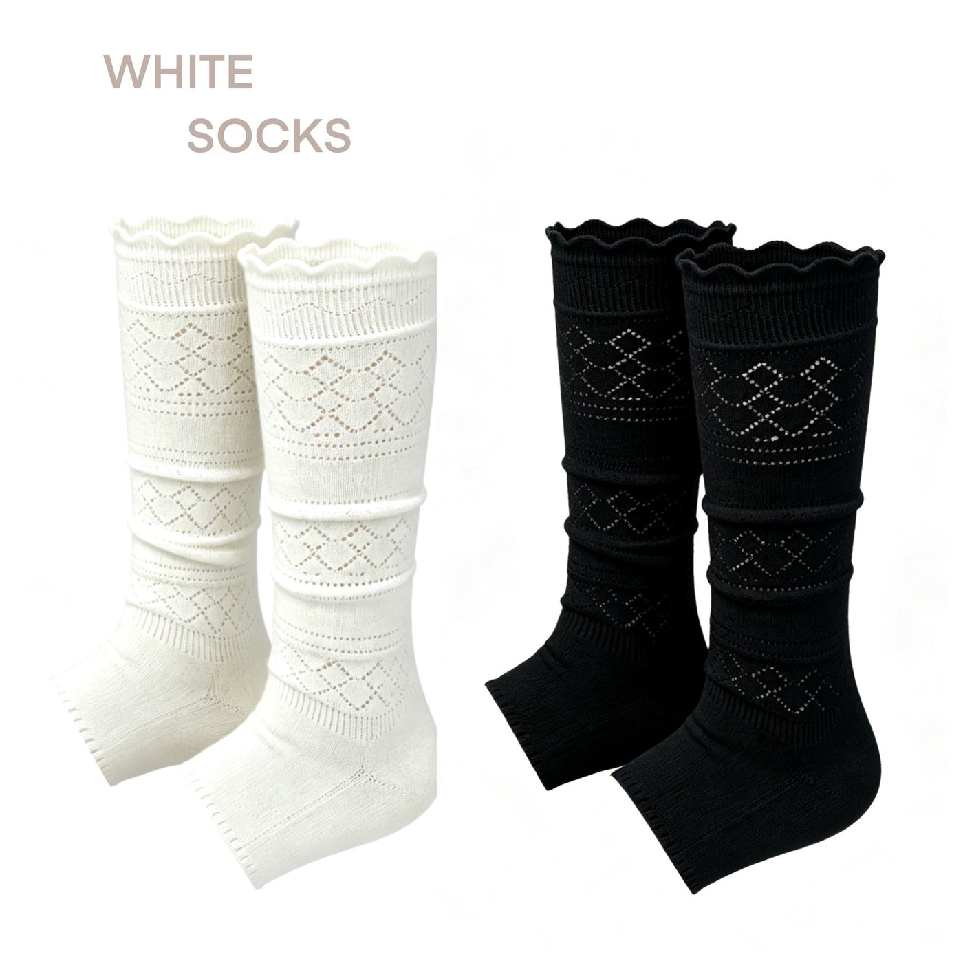 White Socks - Openwork Ruffle Stirrup Socks - Footless Mid-Calf Socks with Openwork Detail