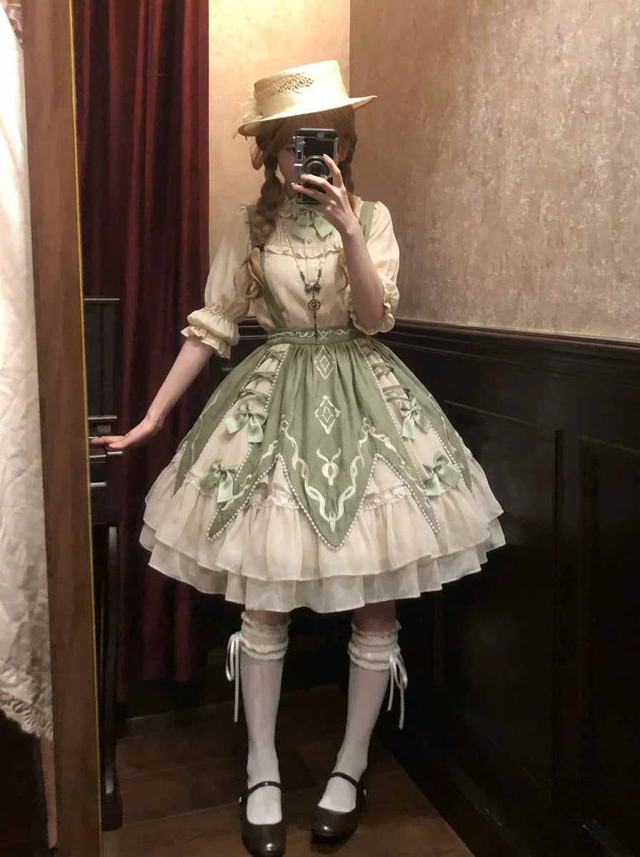 Creamy - Green Countryside - Blouse Set with a Vest and Short Skirt