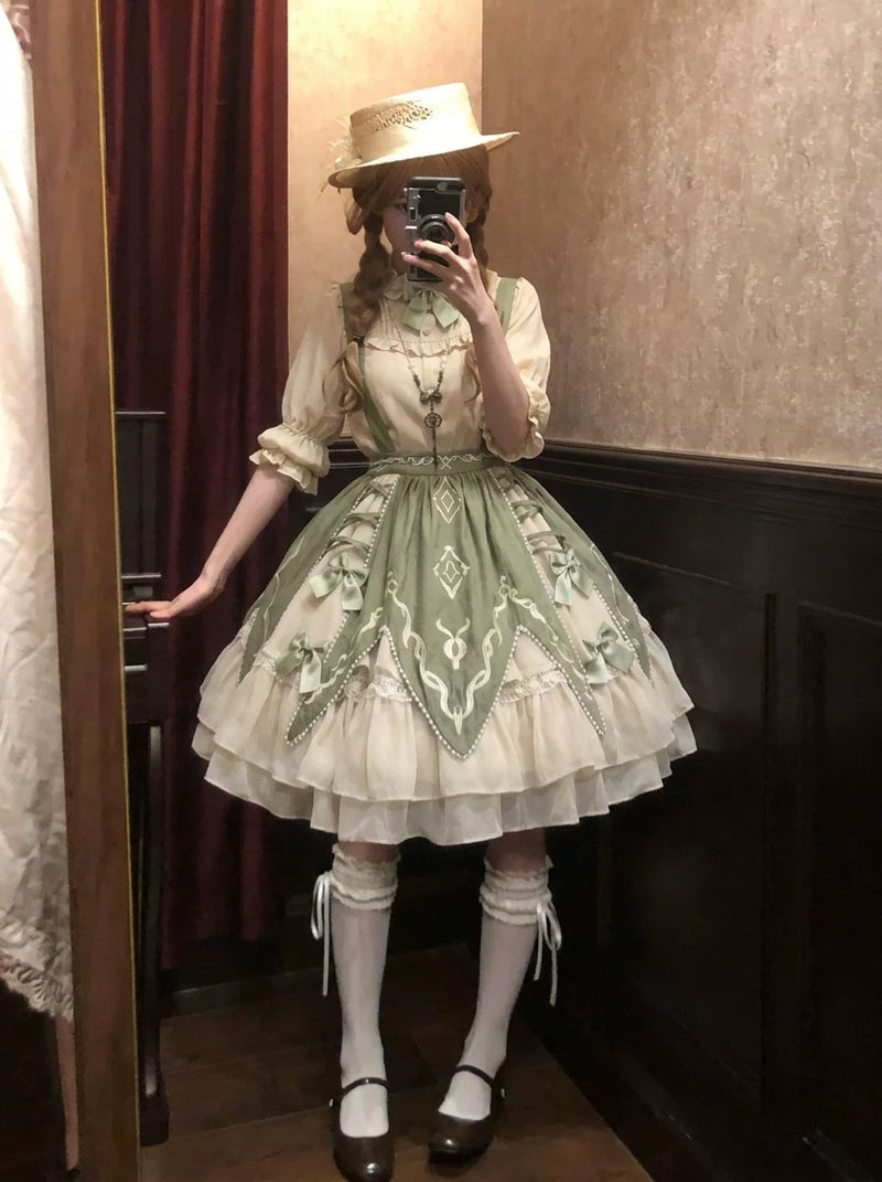 Creamy - Green Countryside - Blouse Set with a Vest and Short Skirt