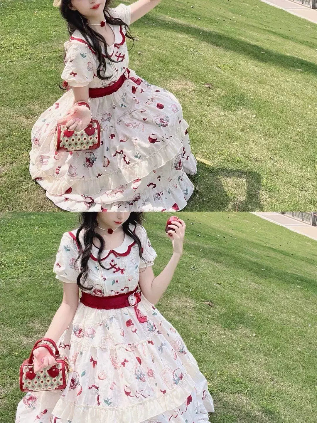 Sweetheart Dream Machine - Apple Tea - Cream Short-Sleeve OP Dress with Apple Motif