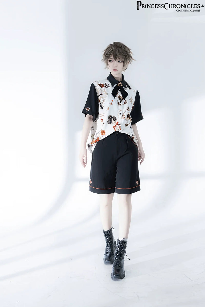 Princess Chronicles - Floral Intoxication - Retro Ouji Lolita Shirt Floral Short Sleeve Shirt and Embroidered Black
