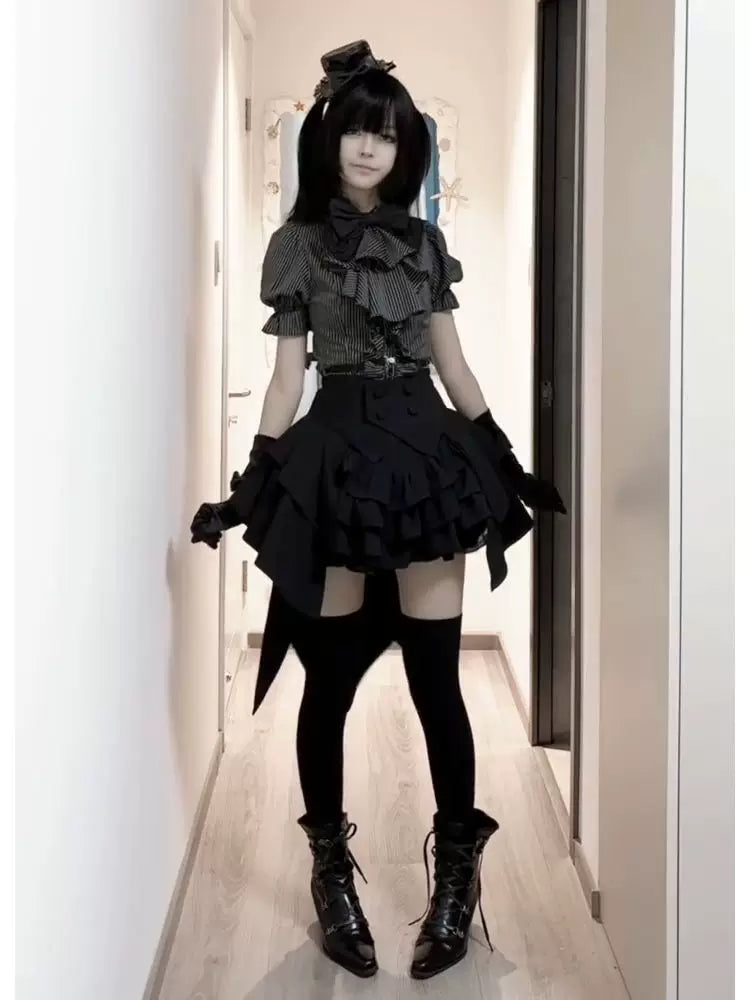 Creamy - Dark Gothic Stripe Layering - Blouse set with a striped shirt and waist cincher