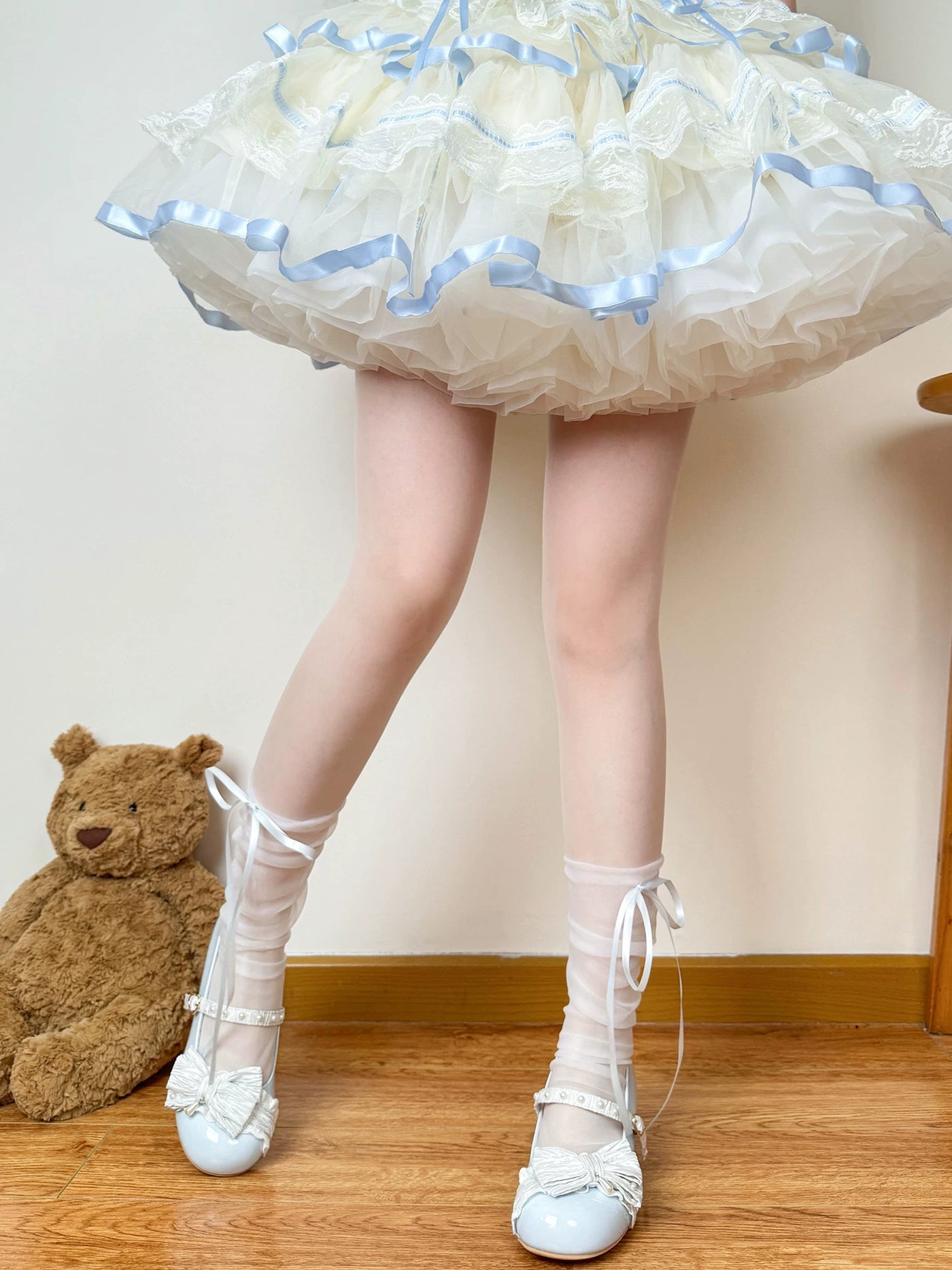 Chubby Bear Tales - Ballet Ribbon - Sheer Mid-Calf Socks with Long Ribbon Ties