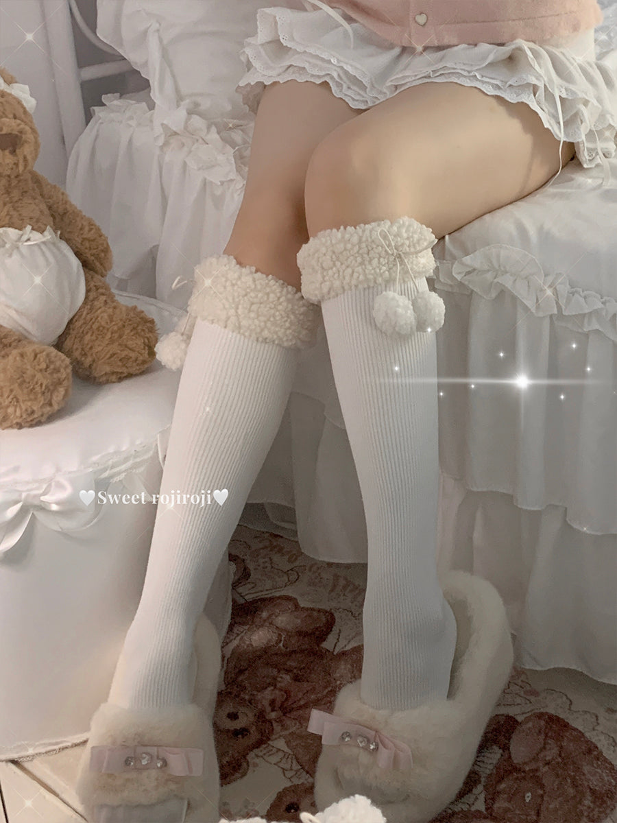 roji roji - Plush Pom-Pom - Lamb-Fleece Over-the-Knee and Calf Socks with Pom-Pom Cuffs - option image