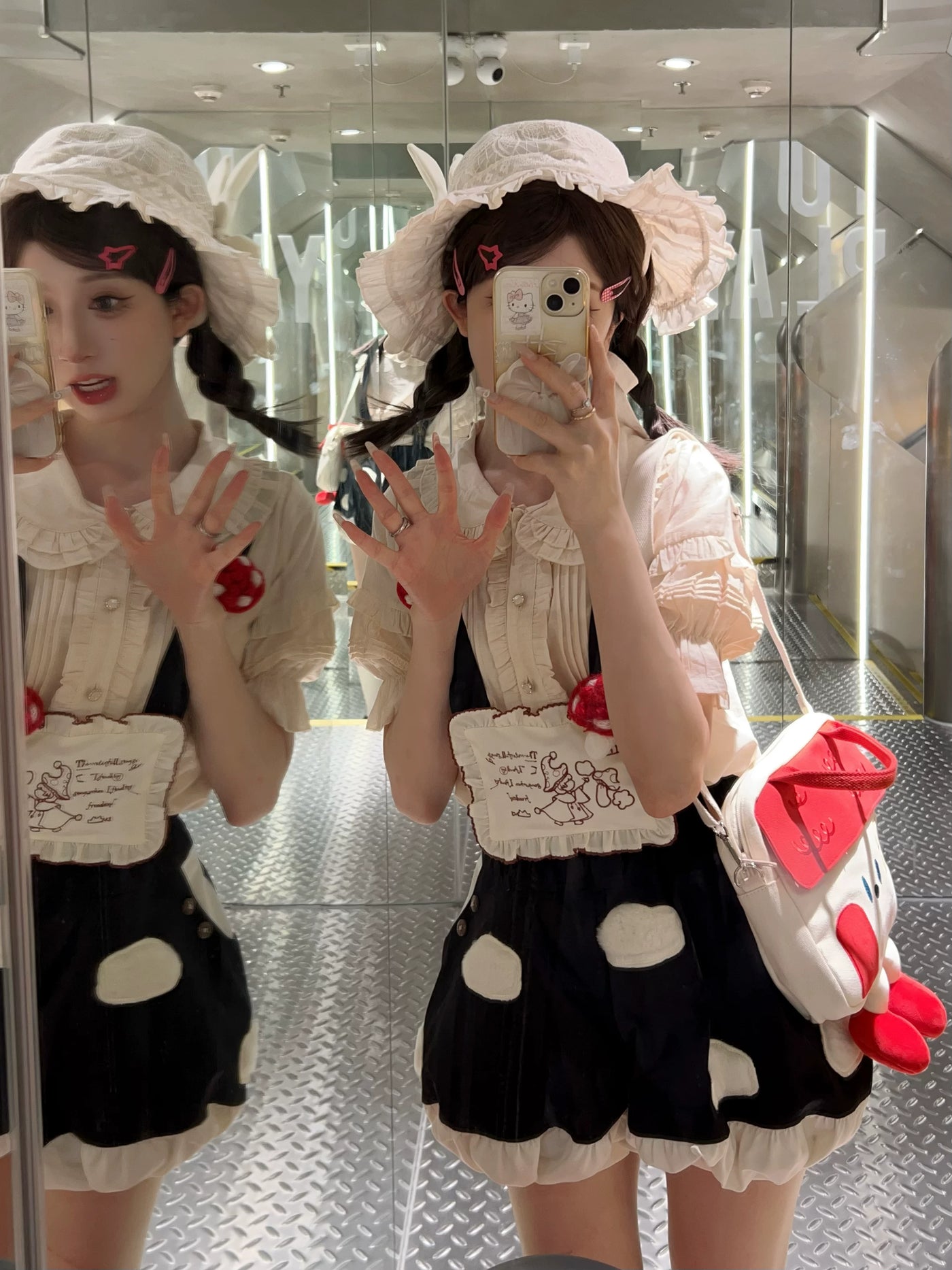 Baozi Pig - Mushroom Puff - Suspender Shorts with Cream Ruffle Hems