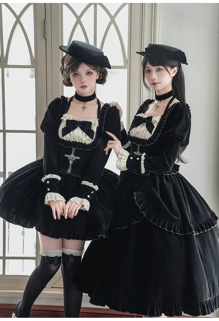 With PUJI - Apocalypse - Gothic Lolita Velvet OP Dress Set, Fishbone Waist