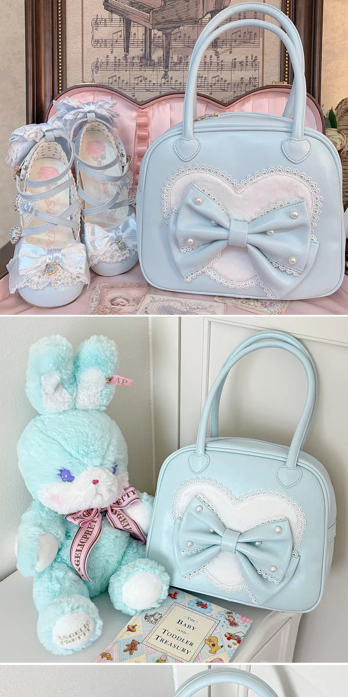 sheeppuff - Heart Lace Boston - Boston Bag with Heart Panel and Bow