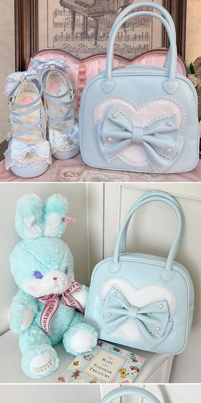 sheeppuff - Heart Lace Boston - Boston Bag with Heart Panel and Bow