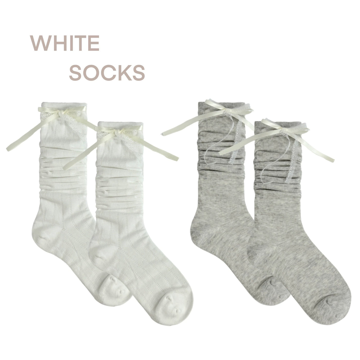 White Socks - Ballet Lace Slouch Socks - Long Socks with Lace Trim and Bow Details