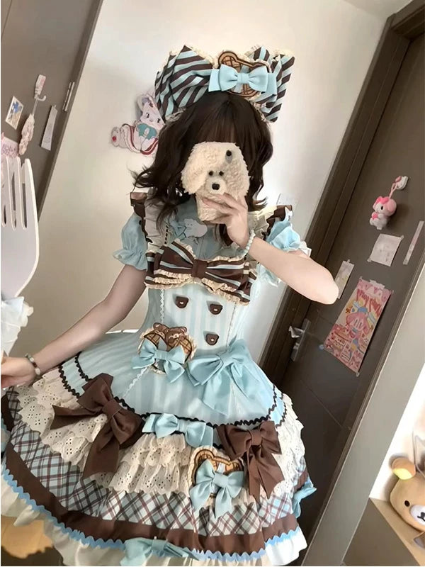 Sweet Lolita cookie bear OP dress with light blue and brown tiered skirt and bow headpiece