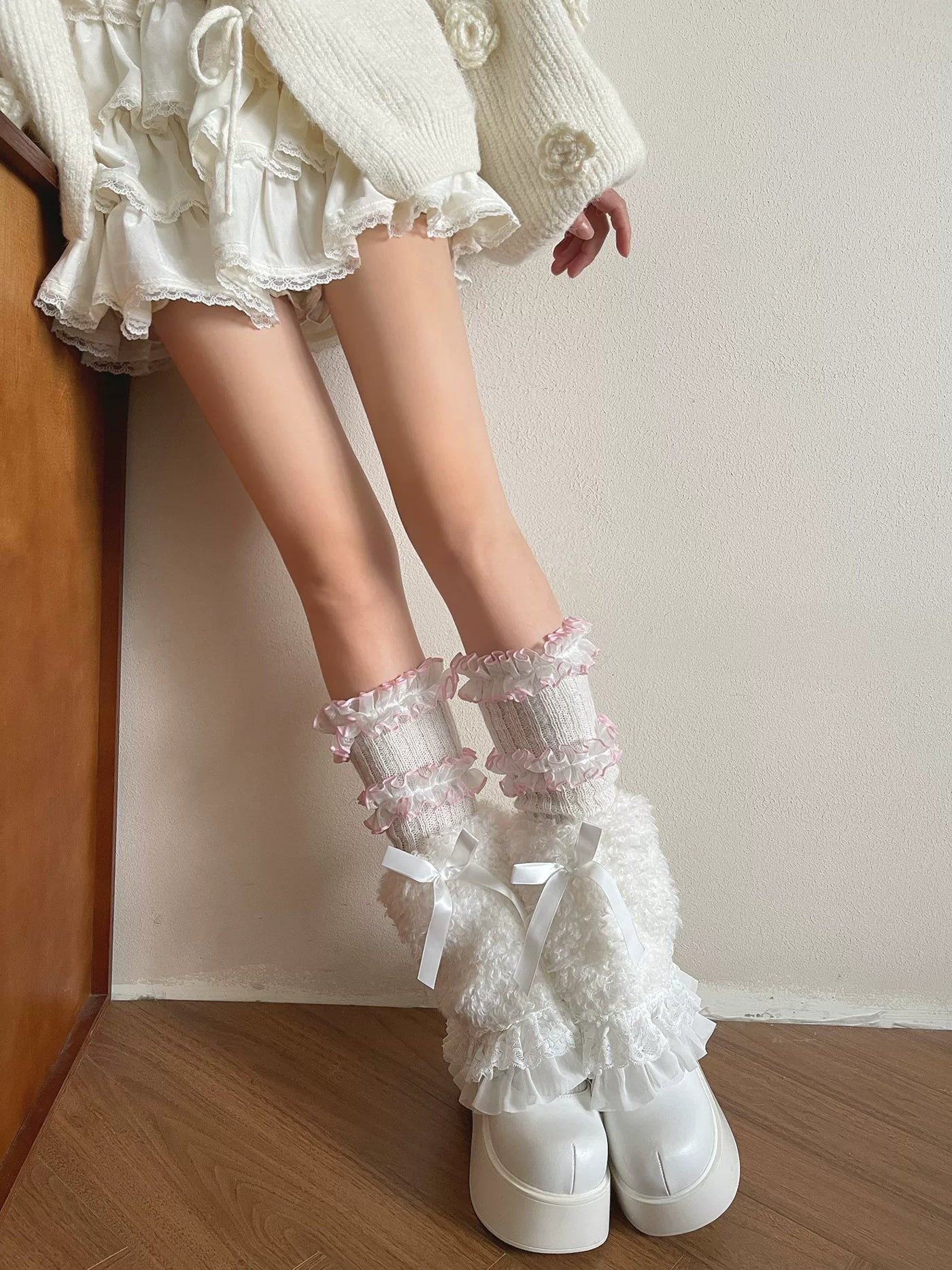 Sock Noble - Curly Fur Ruffle - Layered socks with lace ruffles and curly-fur cuffs