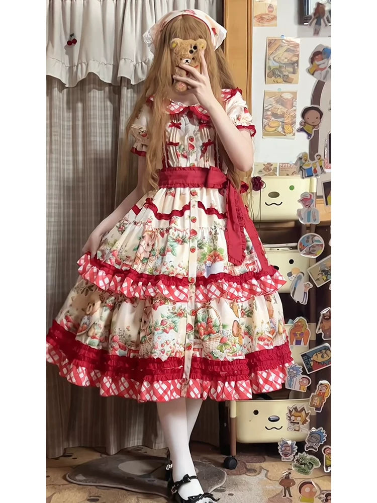 Dream Bunny - December Strawberry Field - Strawberry-Print One-Piece Dress with Red Gingham Ruffles