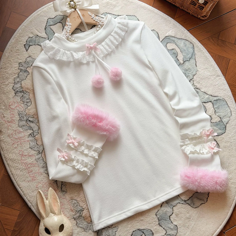 Cat Upon Cat Little Furball 2.0 Thick Winter Top — Pink & White 2.0