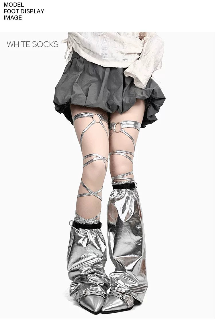 White Socks - Metallic Strap - Leg Warmers with Wraparound Straps