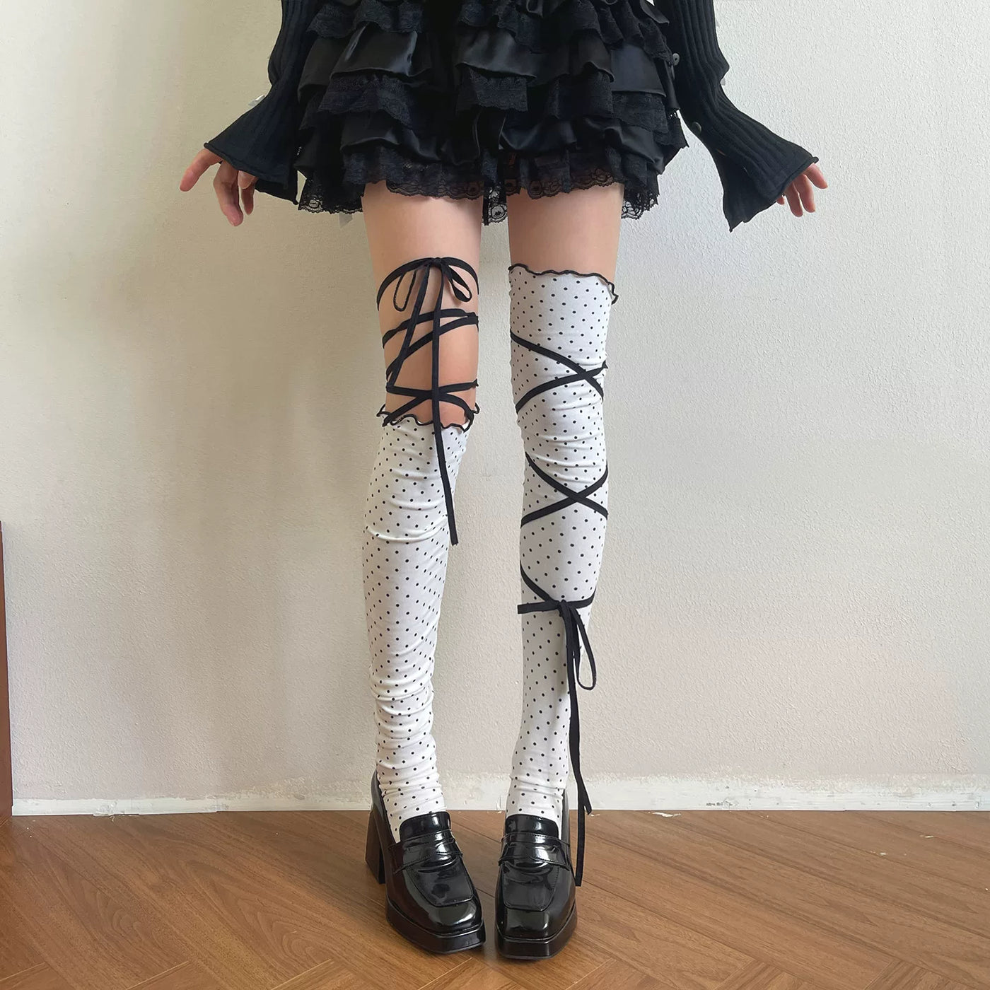 Sock Noble - Vintage Polka-Dot - Polka-Dot Over-the-Knee Socks with Wraparound Ribbons