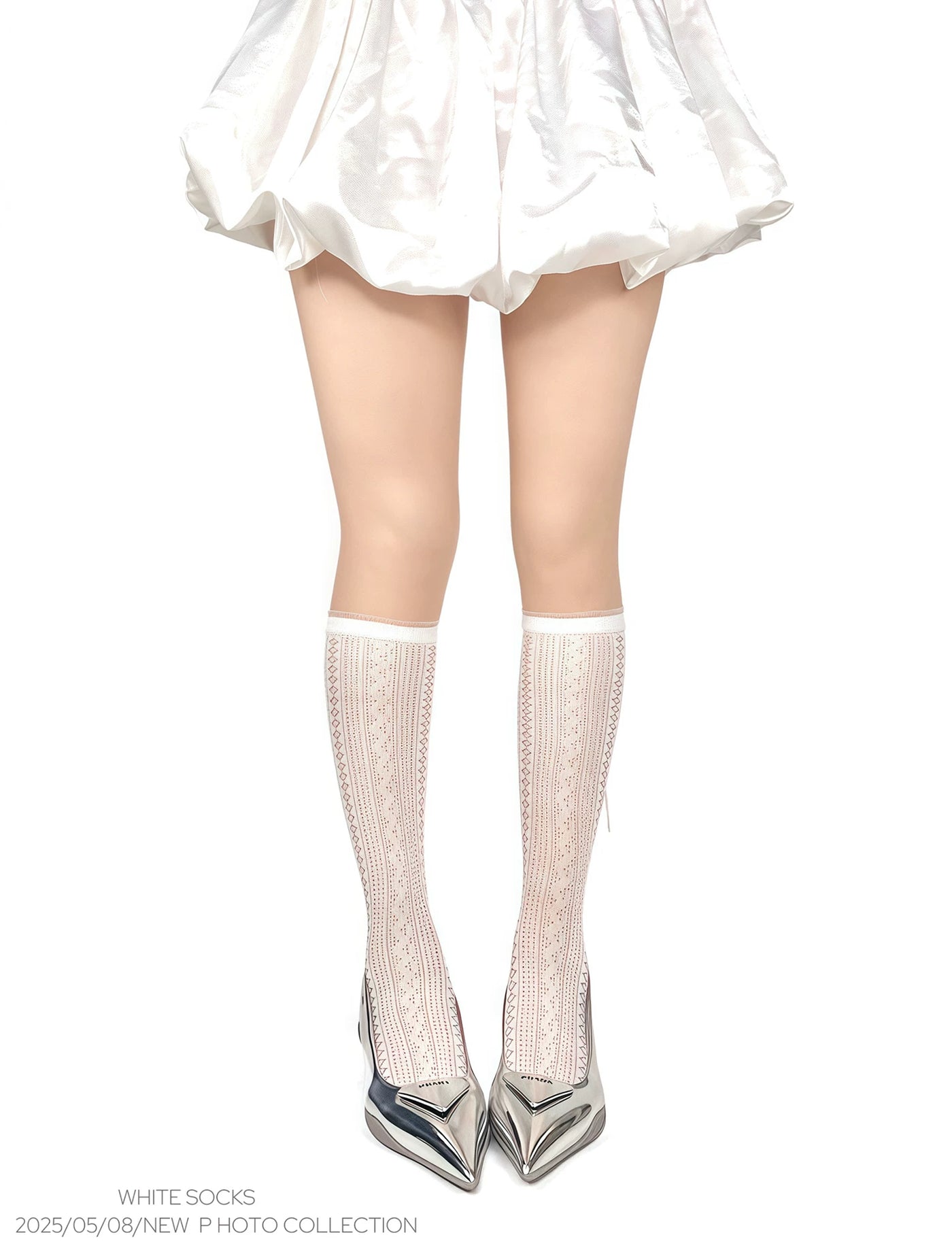 White Socks - Ballet Bow - Mesh Mid-Calf Socks with Slouch Ruching