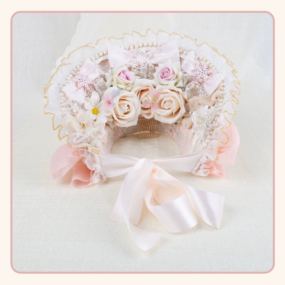 Stardust Rose - Pearl Rose Garden - Bonnet-Style Flat Hat with Rose Florals