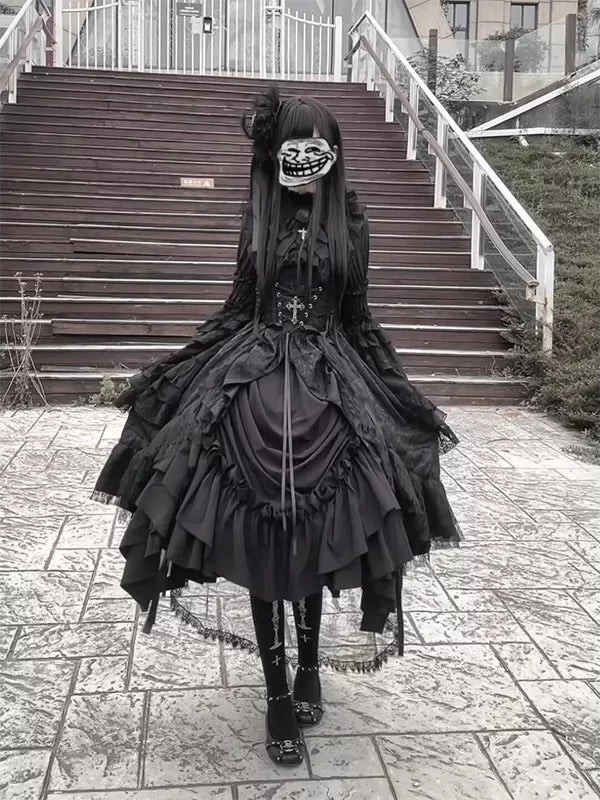 Creamy Gothic Lolita 3-piece black dress set with corset bodice and tiered skirt