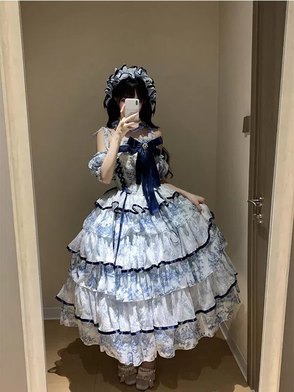 Creamy - Celadon Fishbone - OP dress with blue-trimmed ruffle tiers and puff sleeves