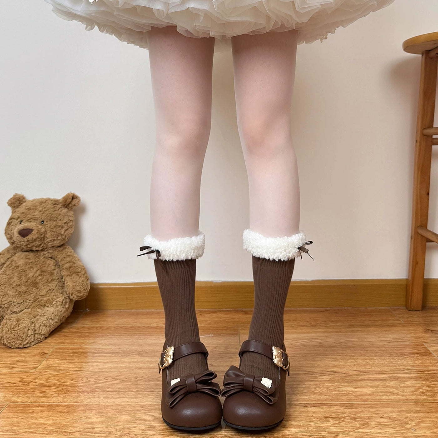 Chubby Bear Tales - Fleece Bow Layers - Fluffy Mid-Calf Socks with Ribbon Cuffs