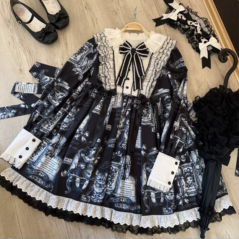 Lady Han Antique Cat Gothic Lolita OP Dress featuring intricate black and white cat-themed embroidery and elegant gothic design