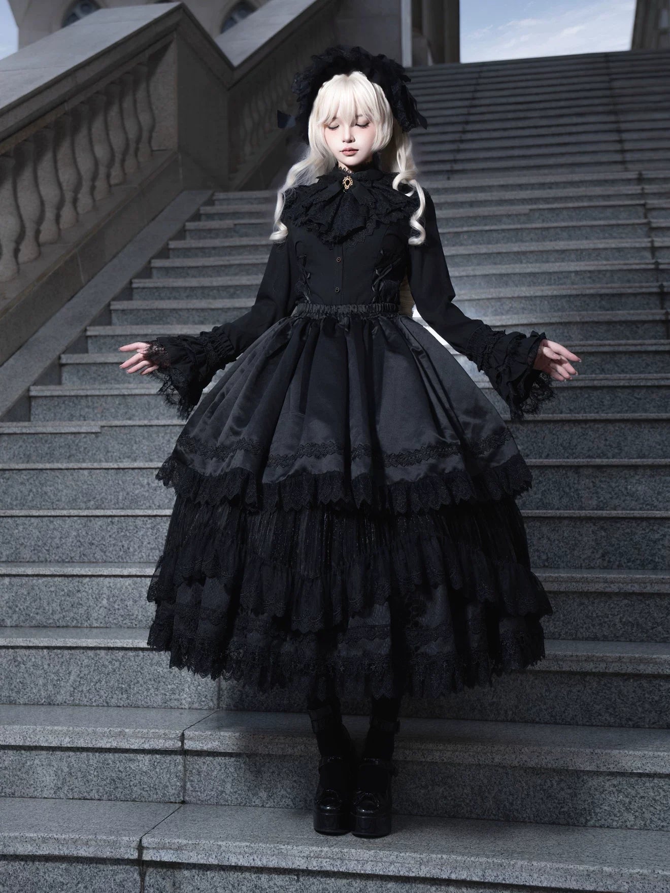 DMFS Lolita - Broken Winged Bat - Gothic Lolita Shirt & SK Set, Bat-wing Shaped Hem