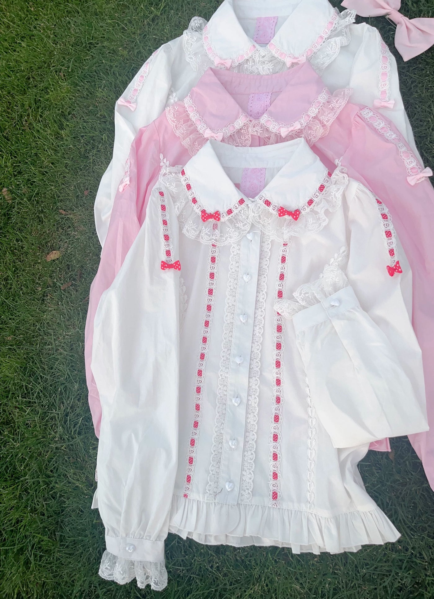 Galette Bunny - Stand Collar - Cotton Long-Sleeve Blouse with Lace-Trimmed Panels