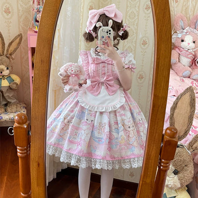 Lady Han Sweet Bunny Bear JSK dress by Lolita Fetch featuring a cute bunny and bear print on a sweet, colorful fabric.