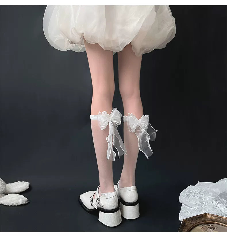 Sock Noble - Crystal Bow - Sheer Mid-Calf Slouch Socks with Bow Detail