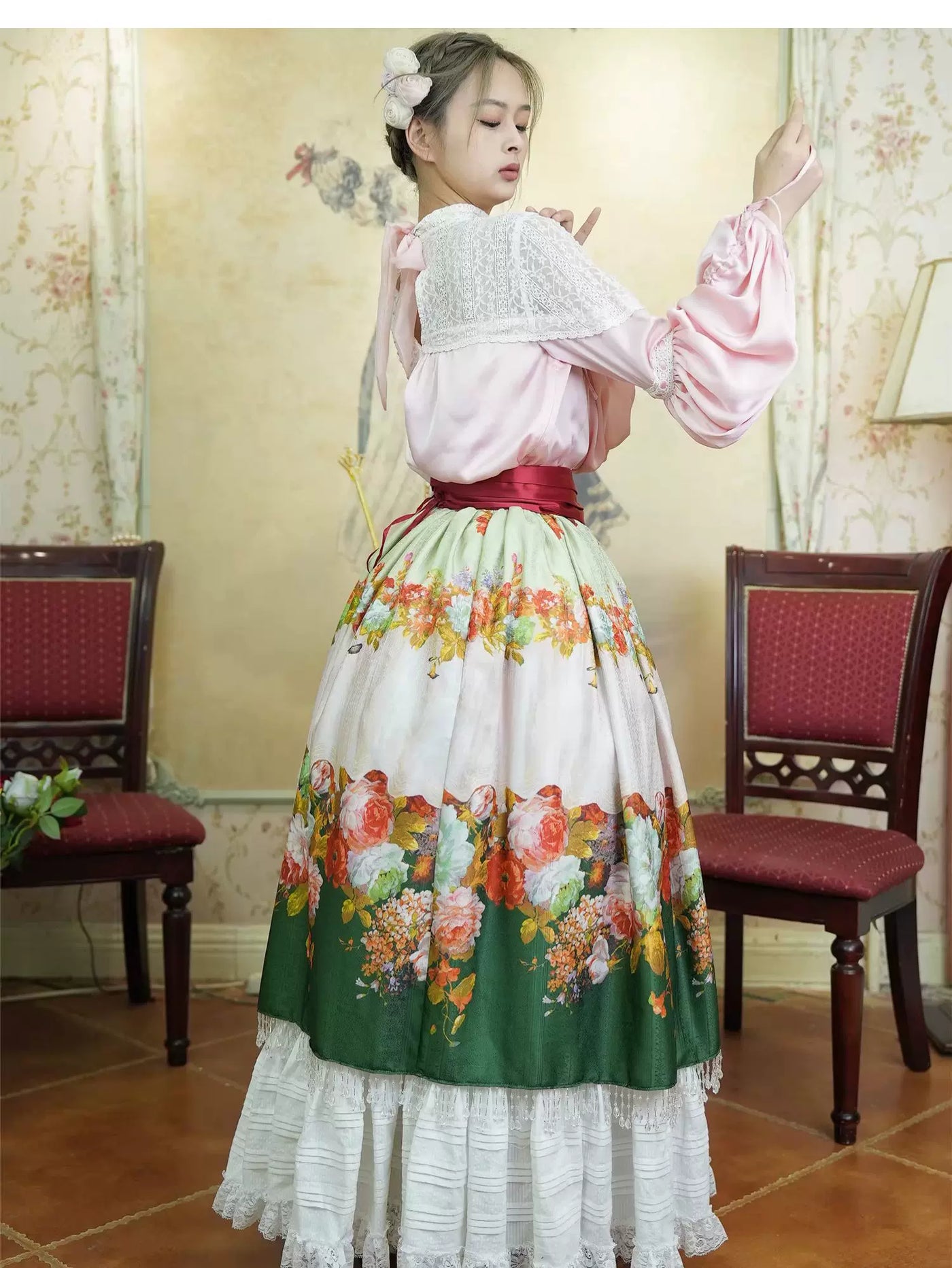 LACE GARDEN - Rainy Season Garden - Blouse and Full Skirt Set with Lace Yoke