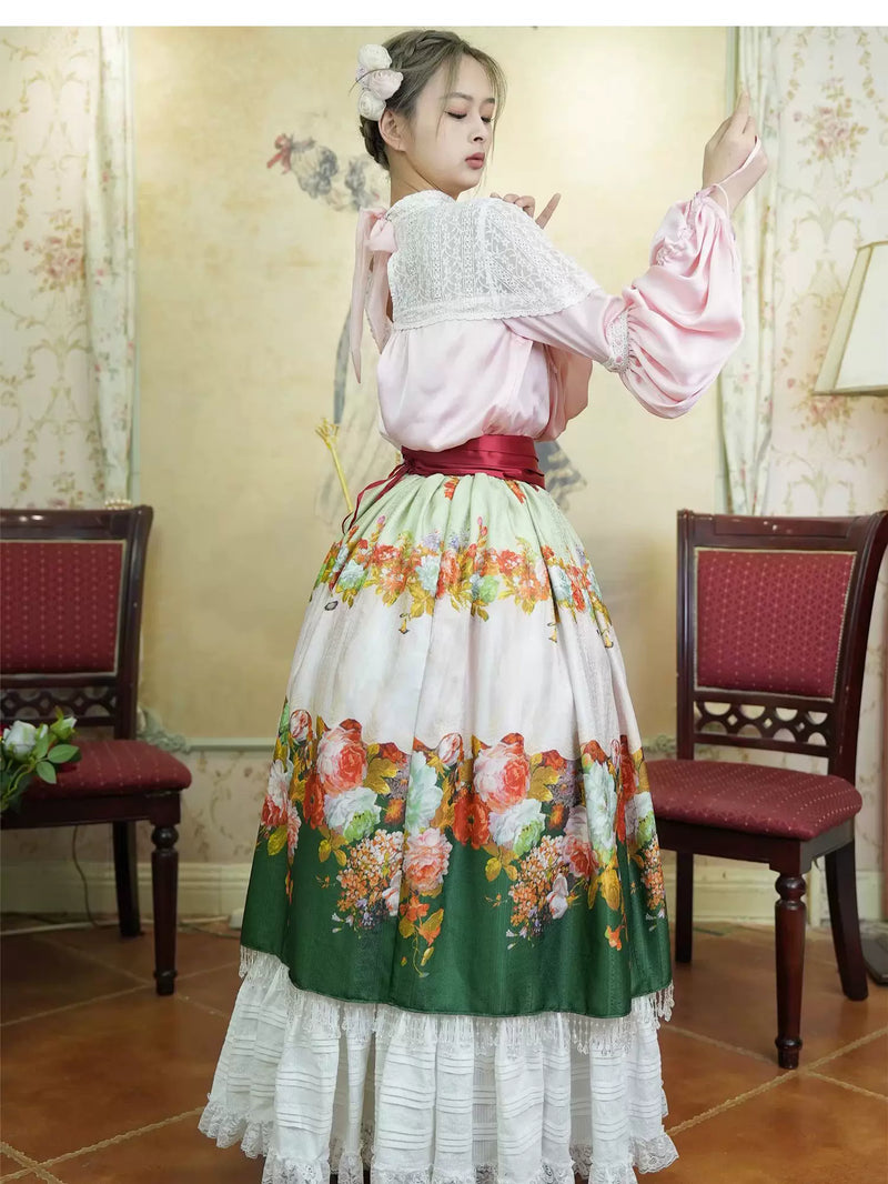 LACE GARDEN - Rainy Season Garden - Blouse and Full Skirt Set with Lace Yoke