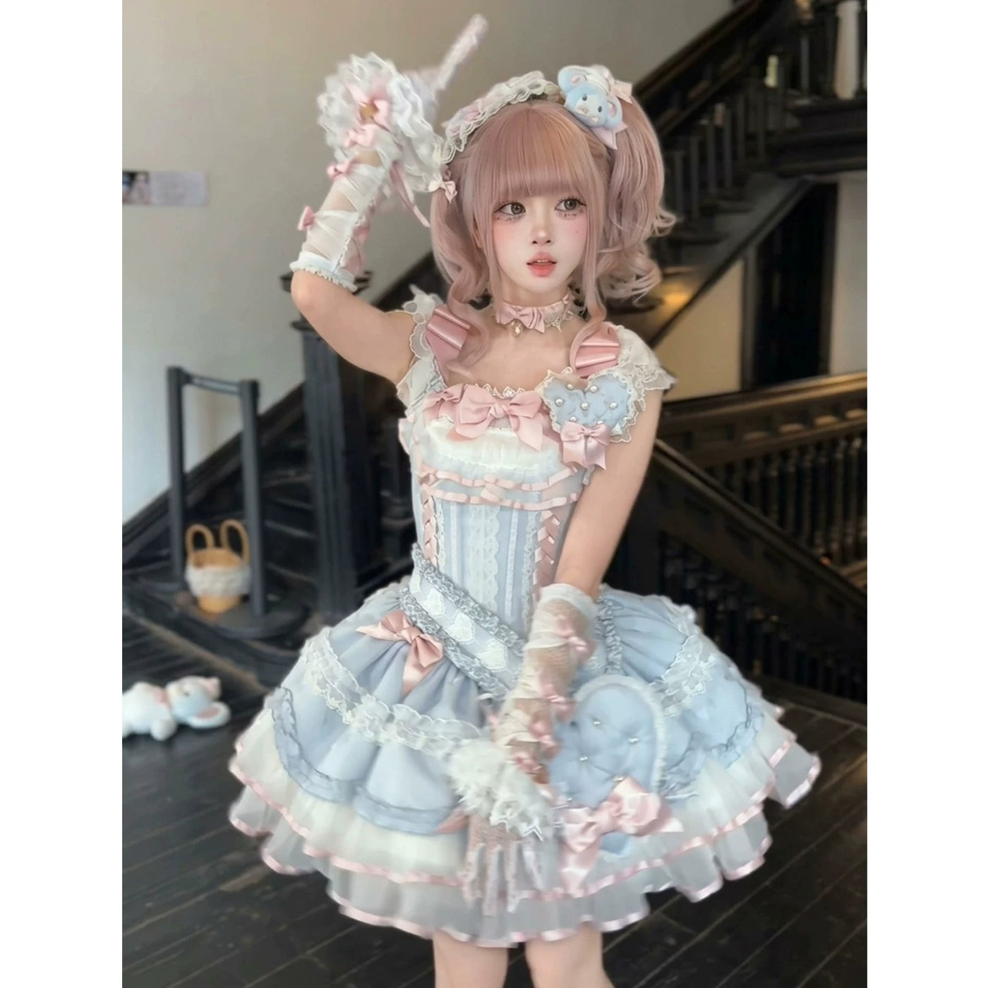 Creamy - Blue Ribbon Heart - Blue JSK Dress with Matching Sash and Large Heart Detail