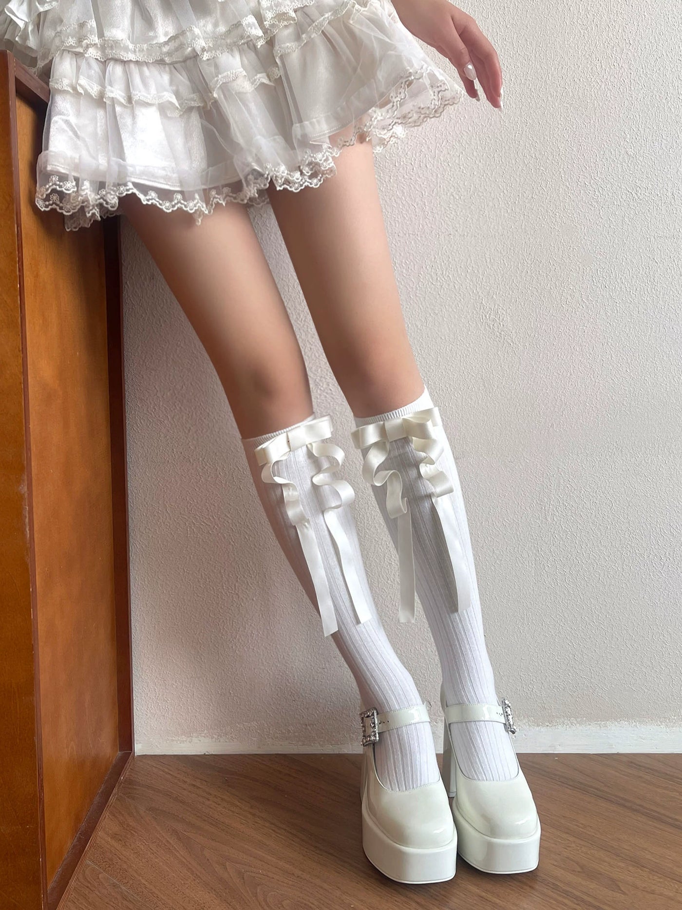 Sock Noble - French Ribbon Cascade - Mid-Calf Socks with Trailing Bow Ribbons