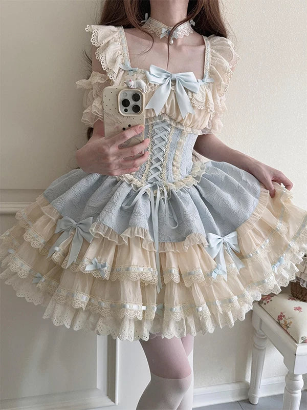 Creamy - Blue Ballet Cake - Blue Tiered JSK Dress with Cream Lace and Bow Accents