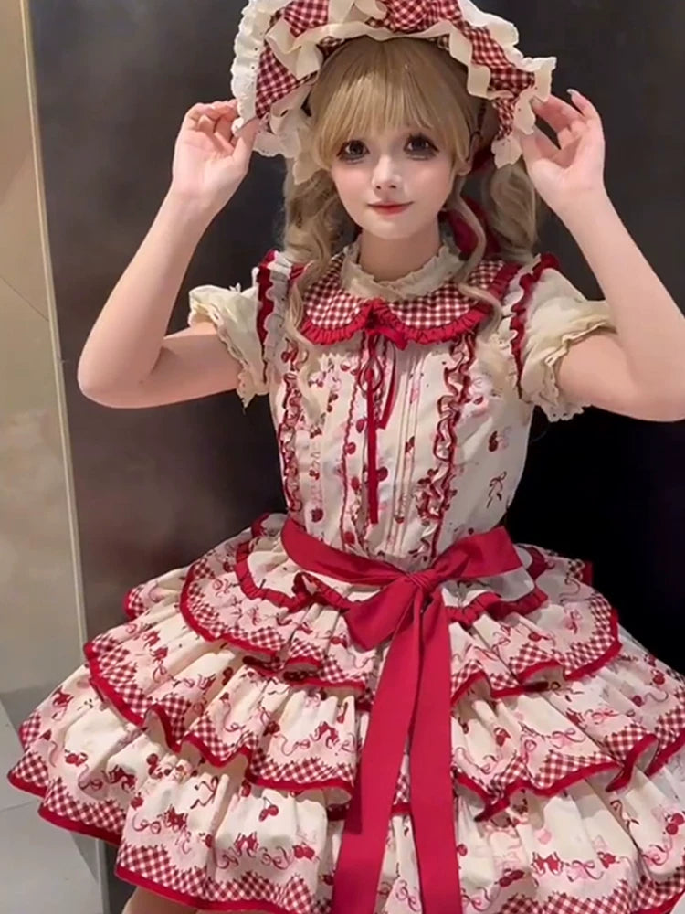 Dream Bunny - The Cherries Are Ripe - Cherry-Print Lolita Fashion Set with Gingham Ruffles