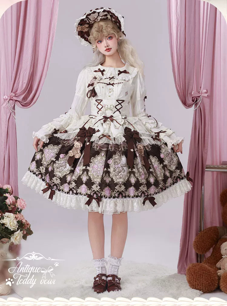 OCELOT - Antique Teddy Bear - Classic Lolita Printed JSK Dress with Ribbon Bows