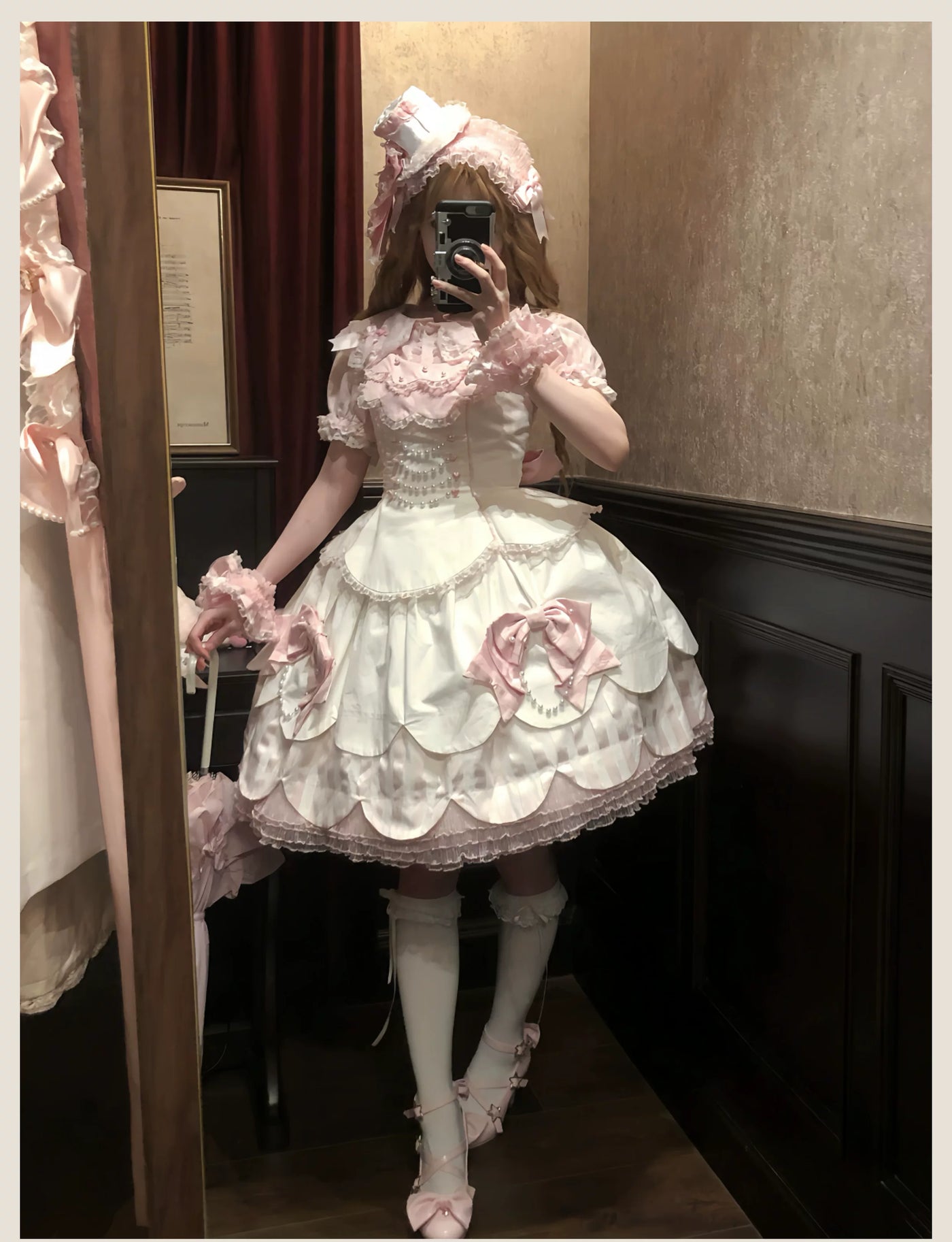 Tata Long Ear - Pearl Princess - White-and-Pink JSK Dress with Pearl Details and Scalloped Layers
