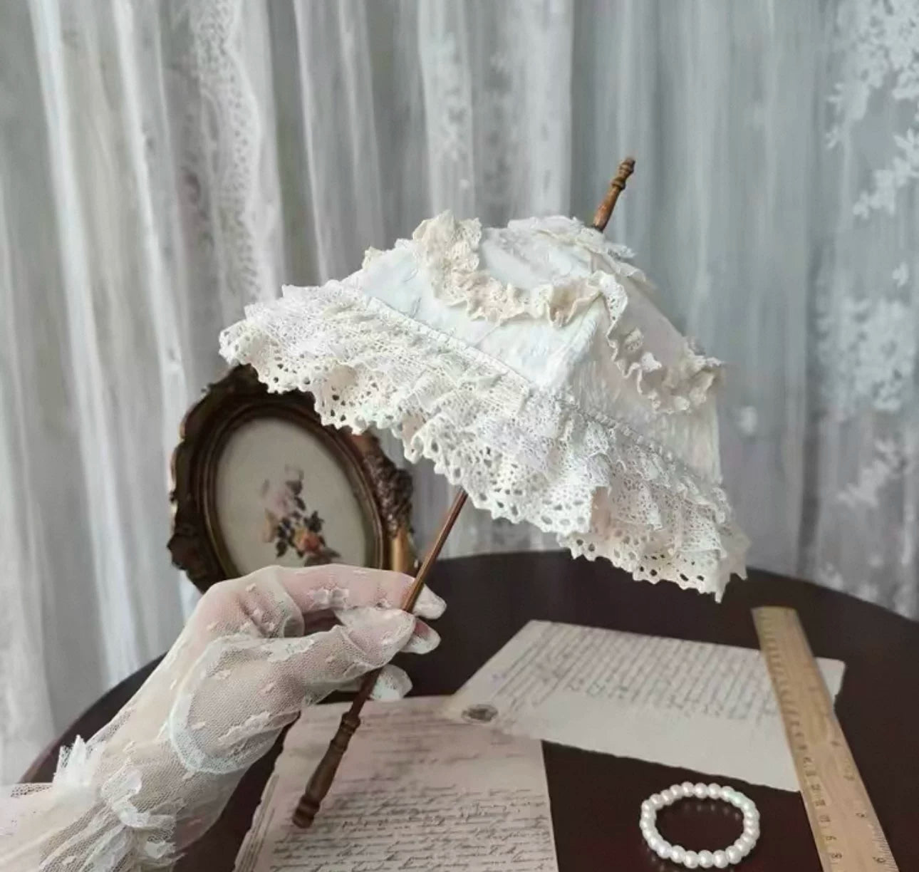 Independent Brand - Lace Parasol Collection - Ruffled Lace Parasol with Decorative Handle