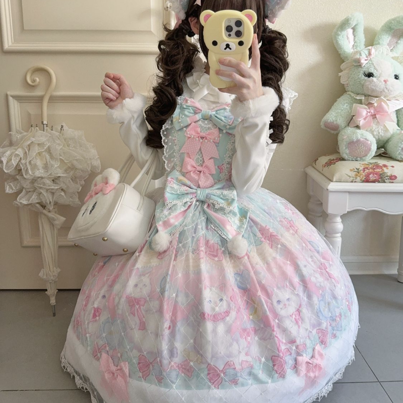 Lady Han Candy Mary Cat JSK dress by Lolita Fetch featuring a cute, sweet design with colorful cat and candy print on a pastel background.