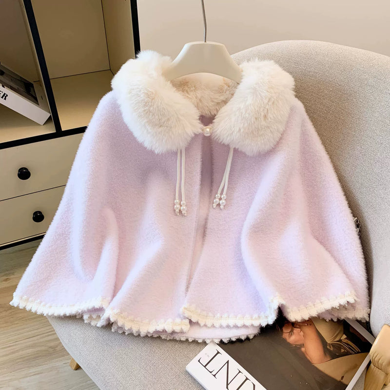 Plush Lolita Winter Capes - Assorted Styles — Purple Faux-Mink-Plush Lace-Trim Cape - Flagship Version